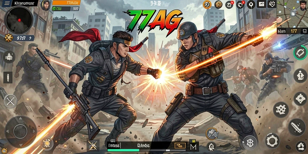 Screenshot gameplay 77AG yang menampilkan aksi mendebarkan di medan perang.