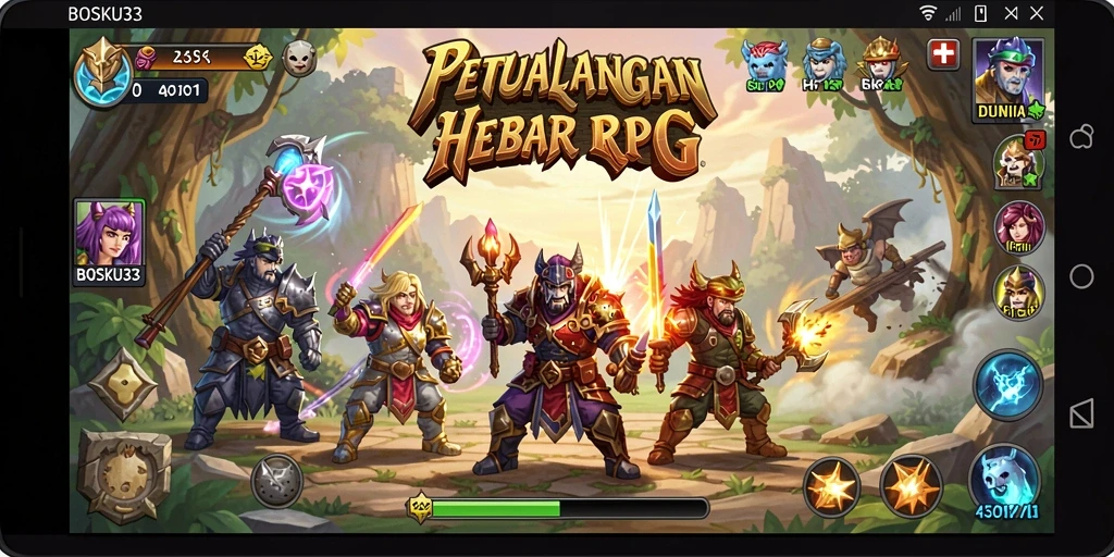 Screenshot menunjukkan aksi pertarungan epik dalam game RPG BOSKU33.