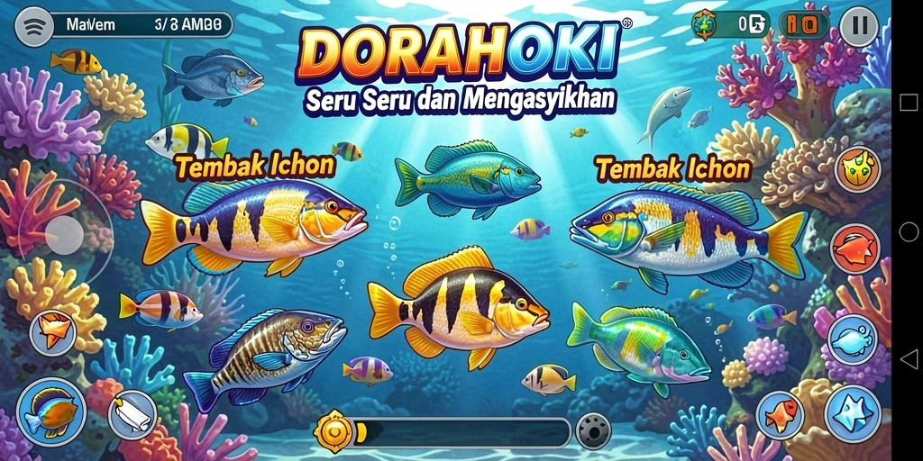 Tampilan gameplay seru DORAHOKI saat menangkap ikan.