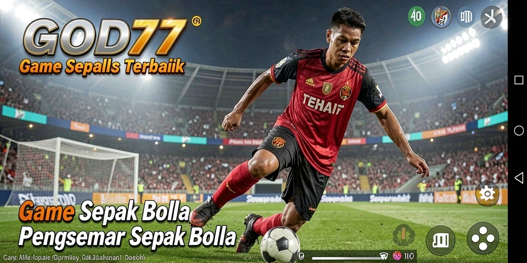 Screenshot gameplay <strong>GOD77</strong> menampilkan aksi seru di lapangan sepak bola.