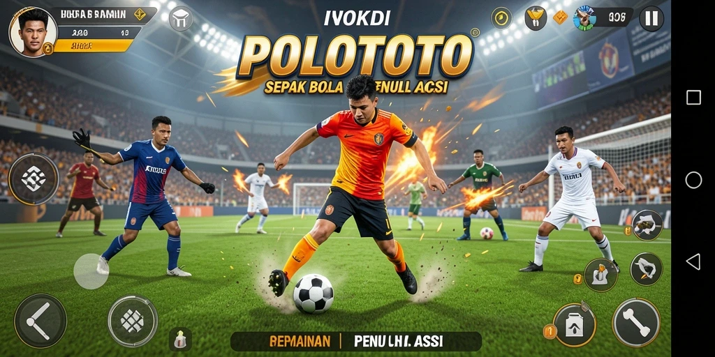 Tampilan gameplay seru dalam POLOTOTO dengan aksi sepak bola mendebarkan.