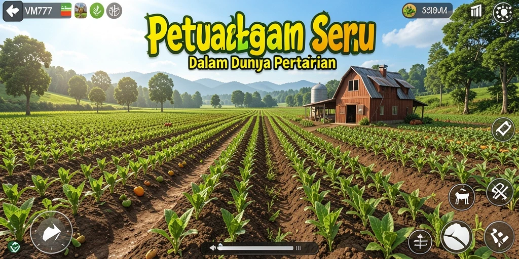 Tangkapan layar gameplay <strong>VM777</strong> menampilkan lahan pertanian yang hijau dan hewan ternak.